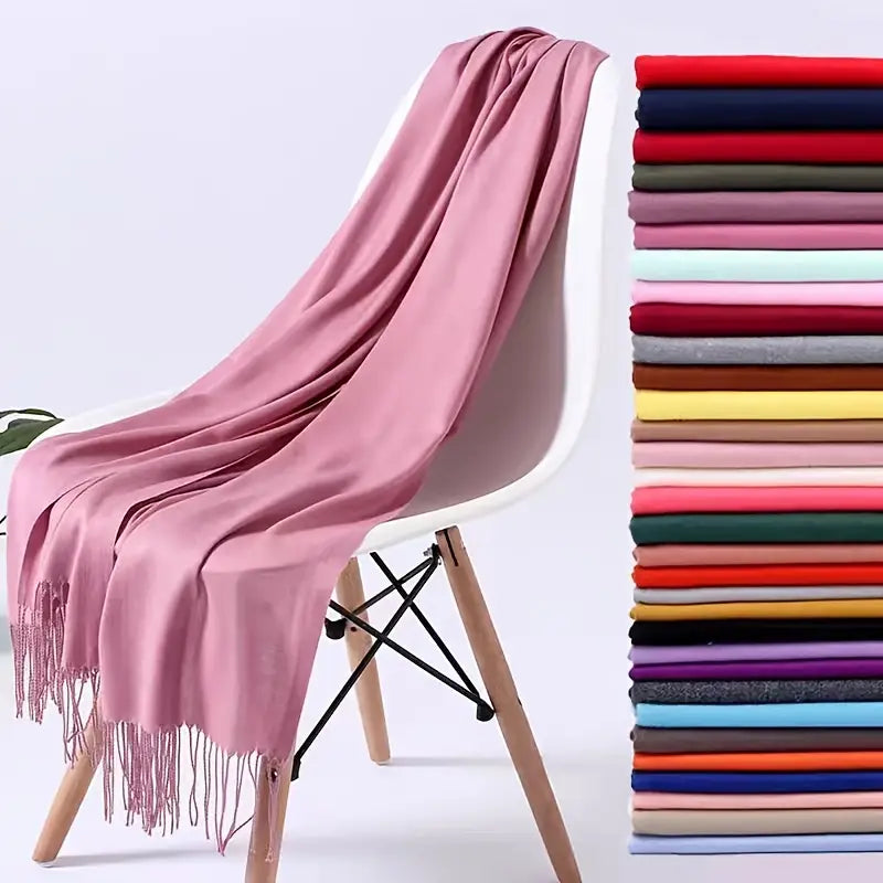 Châle femme en pashmina bleu marine – Écharpe élégante avec franges pour toutes saisons