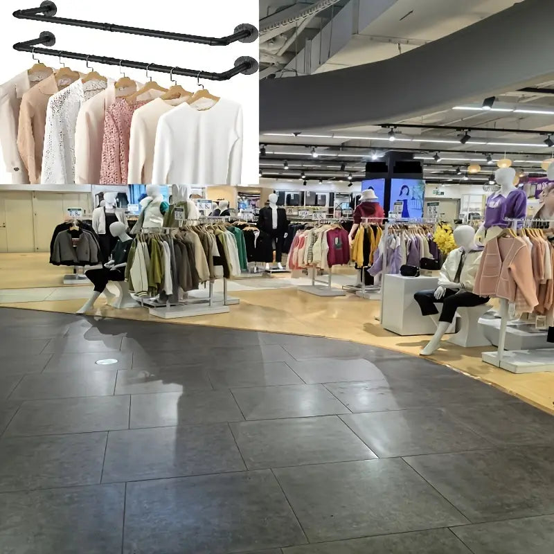 Portant Mural Industriel en Métal Noir – Barre de Suspension pour Vêtements et Présentoir Boutique