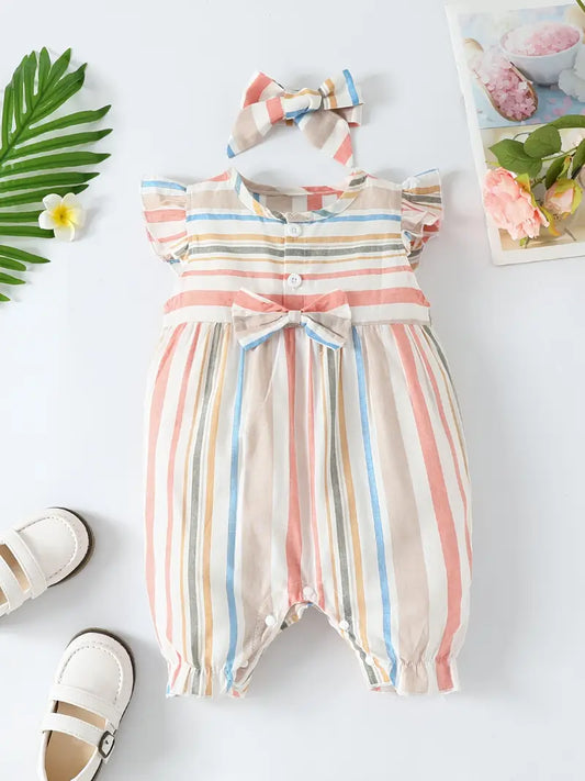 Combinaison bébé fille à rayures – Cadeau naissance avec nœud et bandeau assorti