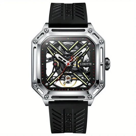 Montre homme squelette automatique – Design carré sport en acier inoxydable et bracelet silicone bleu