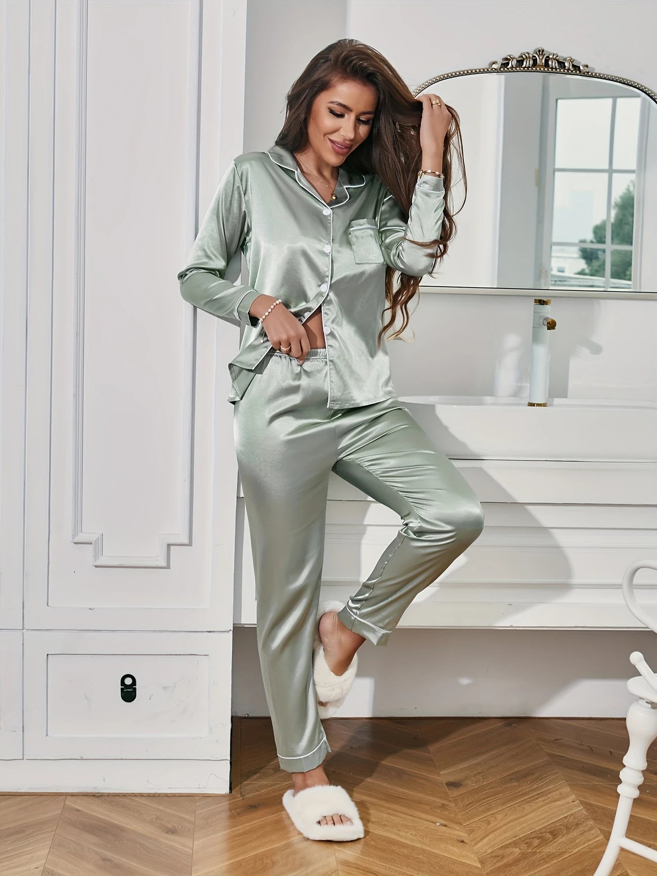 Pyjama Femme Satin Chic – Ensemble Long avec Chemise Boutonnée & Pantalon Fluide, Lingerie de Nuit Élégante et Confortable
