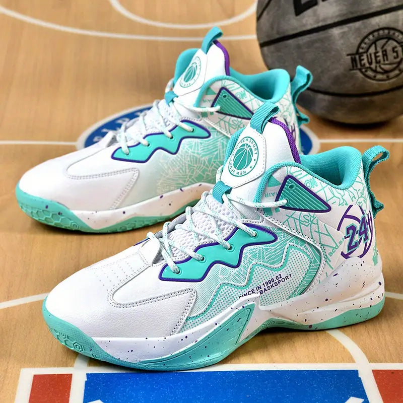 Baskets garçon – Chaussures de basketball montantes blanches et violettes avec semelle antidérapante