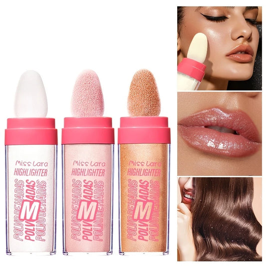 Enlumineur Liquide avec Applicateur Éponge – Highlighter 3 Teintes pour Visage, Lèvres et Cheveux