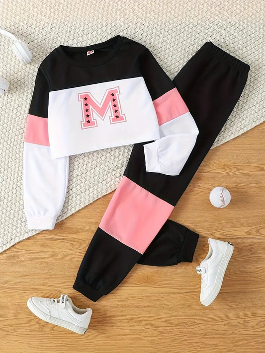 Hauts fille sport – Ensemble sweat crop top à manches longues et pantalon jogging noir et vert