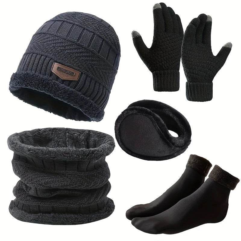 Coffret Hiver Homme 5 Pièces – Bonnet, Gants Tactiles, Cache-Oreilles, Tour de Cou et Chaussettes Chaudes en Polaire