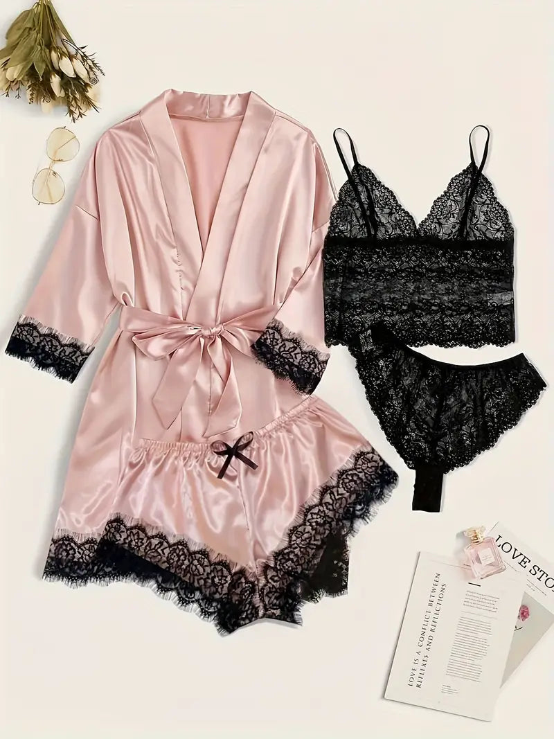 Ensemble Lingerie Femme Satin et Dentelle – Sous-vêtements et Pyjamas 4 Pièces avec Kimono, Débardeur, Short et String