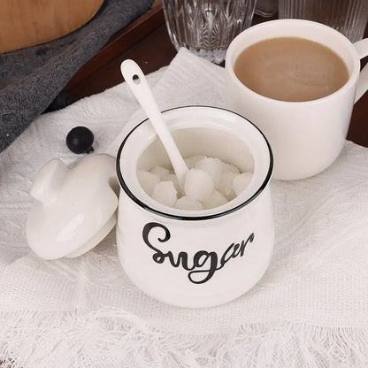 Pot à Sucre en Céramique avec Couvercle et Cuillère – Design Vintage pour Cuisine ou Petit-Déjeuner Chic