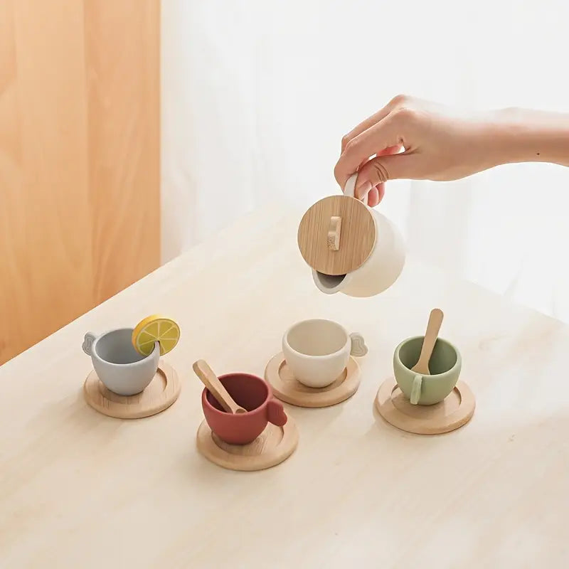 Service à Thé en Bois pour Enfants – Jouet d’Imitation Montessori avec Tasses et Théière Éducatives