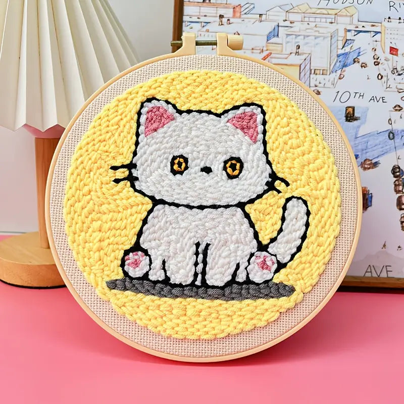 Broderie Punch Needle Chat Gris – Kit DIY en Laine pour Déco Murale Moderne