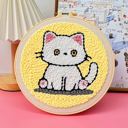 Broderie Punch Needle Chat Gris – Kit DIY en Laine pour Déco Murale Moderne