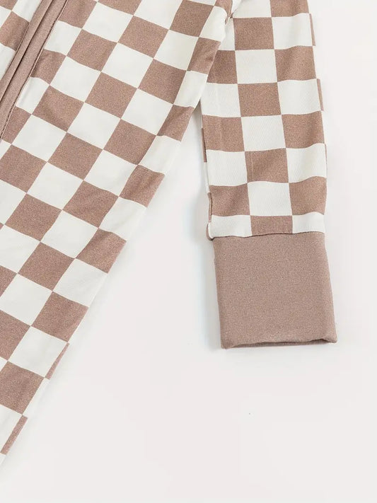 Body Bébé Manche Longue en Coton – Grenouillère à Carreaux Beige et Blanc avec Fermeture Éclair