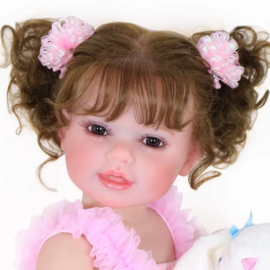 Grande poupée réaliste fille en robe rose avec doudou lapin et biberon – Jouet interactif pour enfants