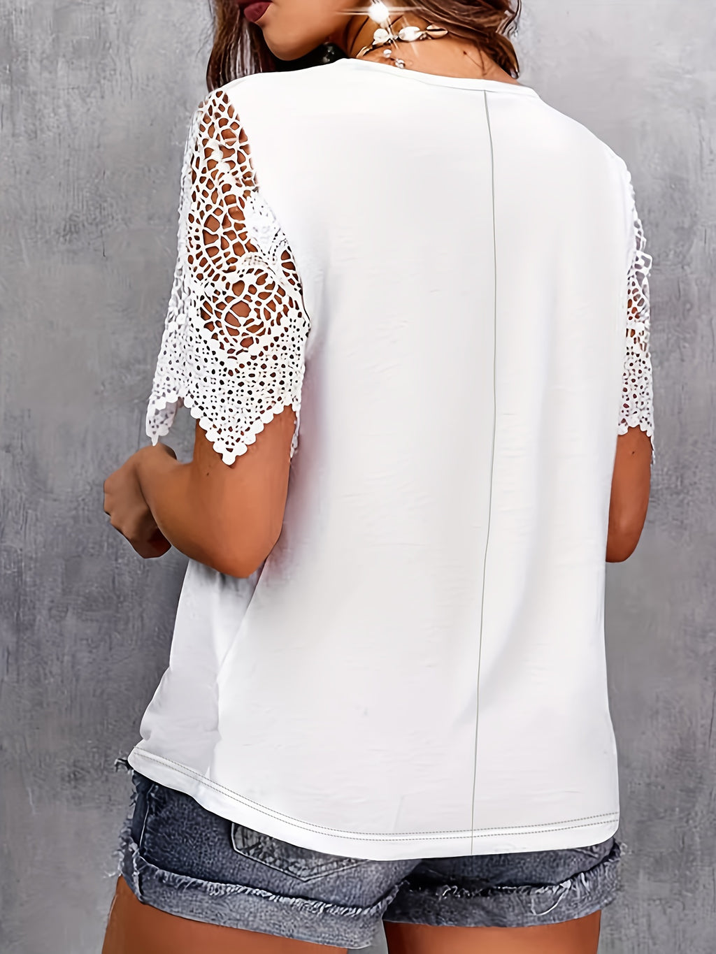 T-shirt Élégant Plus Size Col V en Dentelle Contrastée