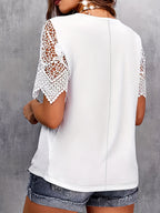 T-shirt Élégant Plus Size Col V en Dentelle Contrastée