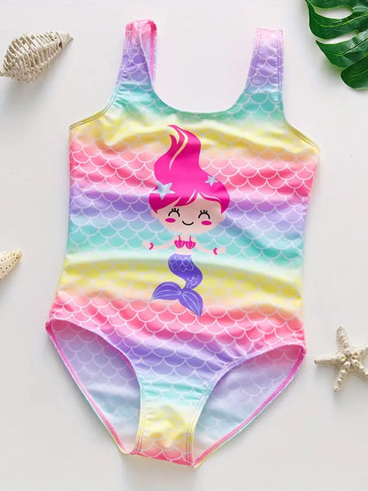 Maillot de bain fille deux pièces sirène – Bikini écailles multicolores avec volants roses