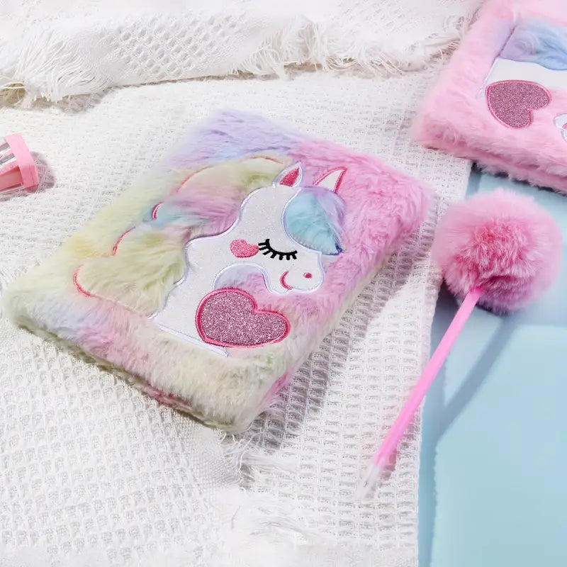 Carnet Fourrure Licorne Arc-en-Ciel avec Stylo Pompon – Journal Intime Enfant Mignon