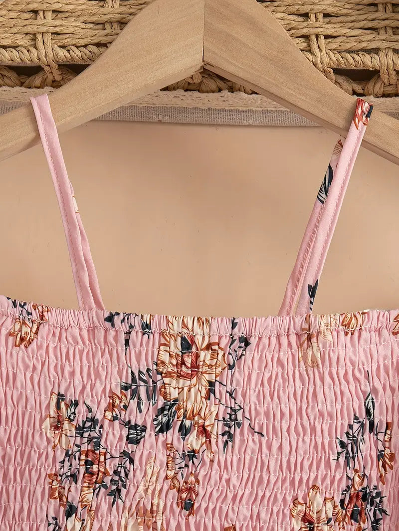 Hauts fille à fleurs – Top smocké rose avec jupe longue assortie élégante d’été