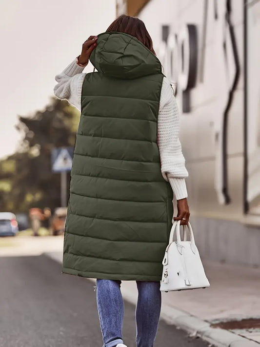 Doudoune Longue Sans Manches Femme avec Capuche – Gilet Matelassé Chaud Idéal pour l’Hiver