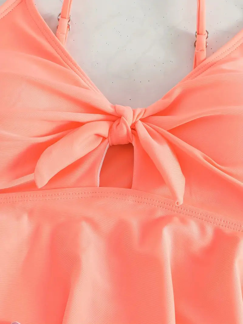 Bikini tankini à volants – Haut à bretelles corail et culotte taille haute à fleurs