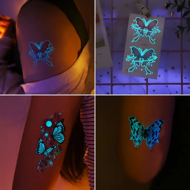 Tatouages Éphémères Papillons Jour & Nuit – 12 Feuilles Fluorescentes et Colorées pour Peau, Bras et Dos