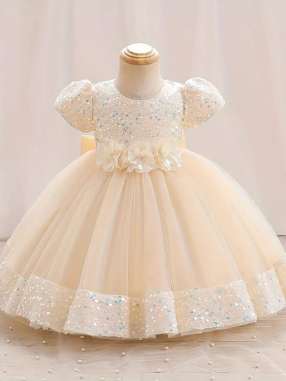 Robe fille de cérémonie bleu princesse – Tulle pailleté et fleurs décoratives