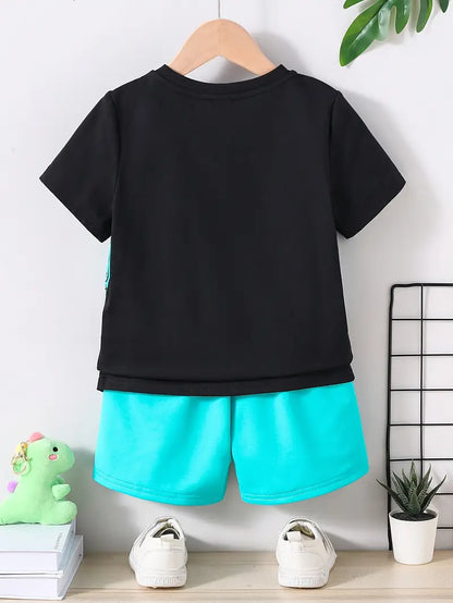 Ensemble chemise garçon noir et turquoise – t-shirt imprimé dinosaure avec short assorti été