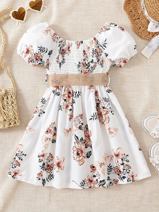 Robe fille été à fleurs vert menthe – Manches bouffantes et ceinture tressée