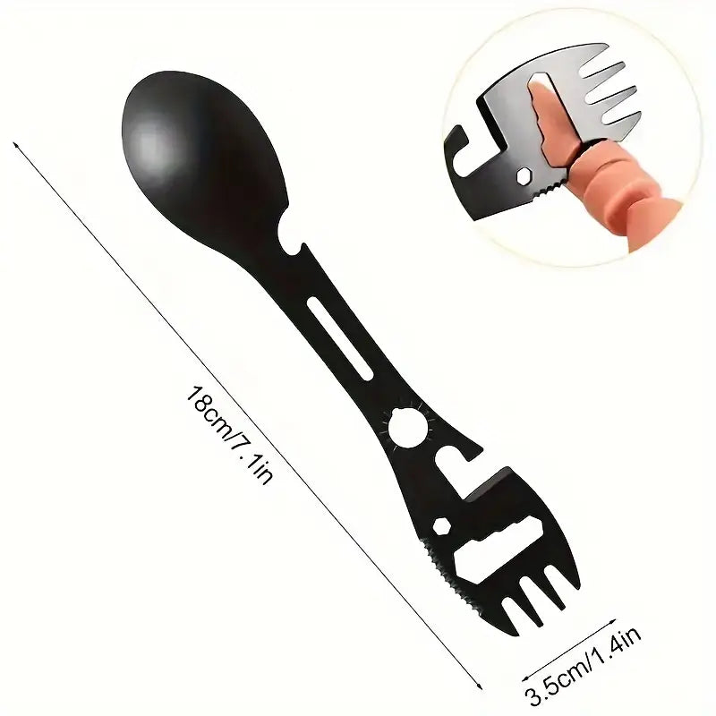 Couverts multifonctions de camping 6 en 1 – Cuillère, fourchette, ouvre-boîte et décapsuleur portable