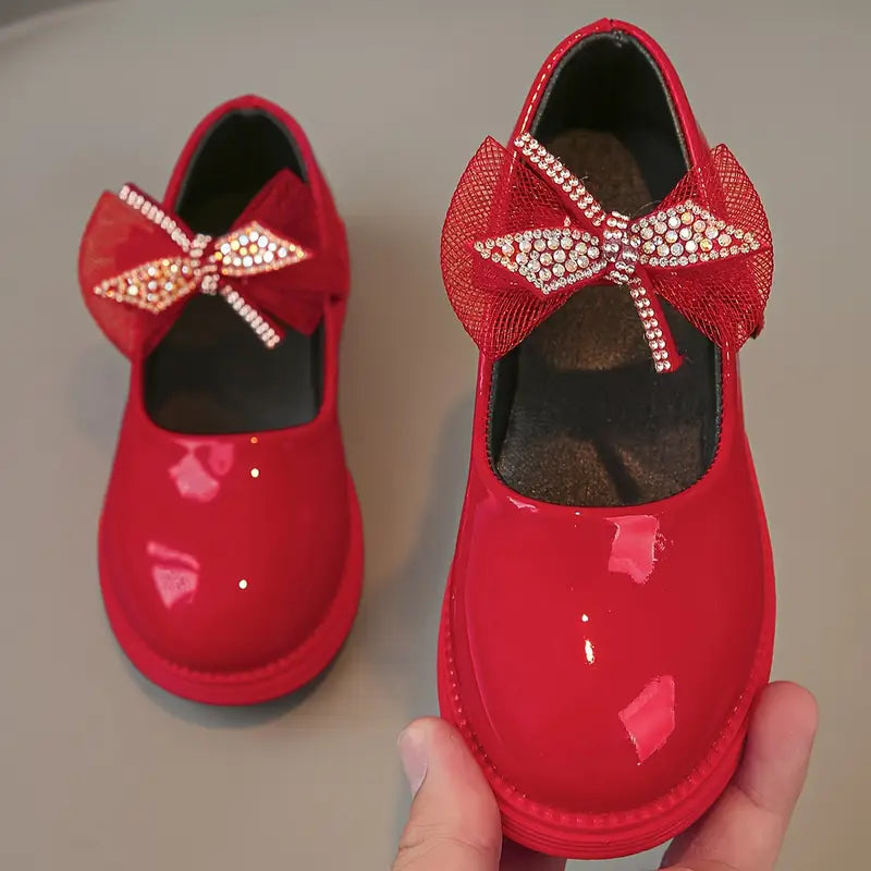 Ballerines fille rouges vernies avec nœud strass – Chaussures élégantes pour fête, cérémonie et mariage