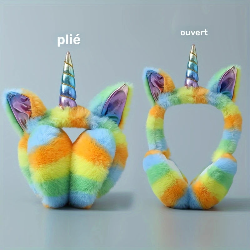 Cache-Oreilles Licorne Femme & Enfant – Pliable, Multicolore en Fausse Fourrure, Ultra Doux et Fantaisie