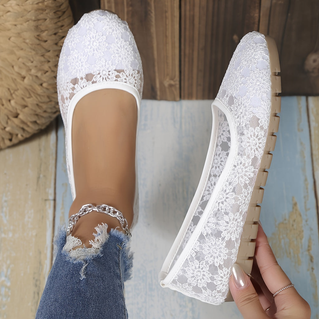 Ballerines femme en dentelle florale, coloris Blanc