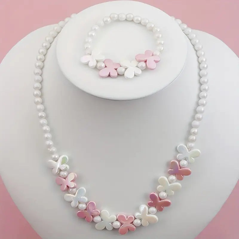 Parure Bijoux Enfant Collier et Bracelet Perles Papillon – Fantaisie Rose et Blanc