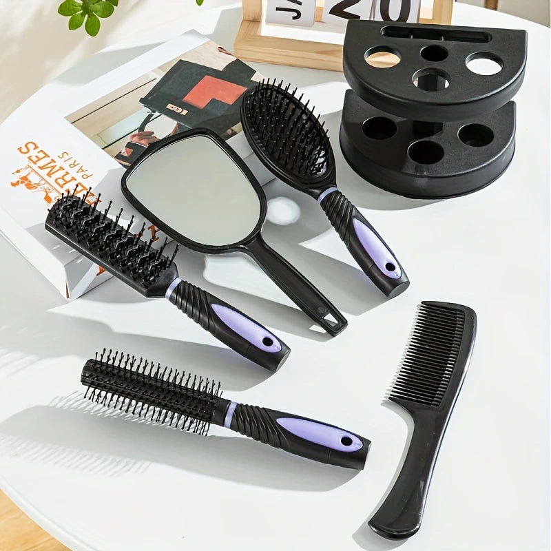 Ensemble Brosse & Peignes 5-en-1 avec Support Rotatif – Kit Coiffure Complet pour Tous Types de Cheveux