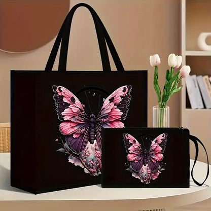 Sac cabas femme noir avec motifs papillons et fleurs – Élégant et pratique
