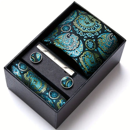 Coffret cravate homme bleu à motifs paisley – Pochette, boutons de manchette et pince assortis