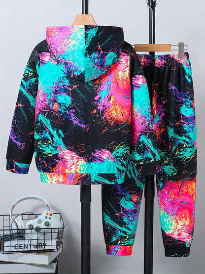 Ensemble Garçon Streetwear Coloré – Sweat à Capuche et Pantalon Motif Peinture Fluo