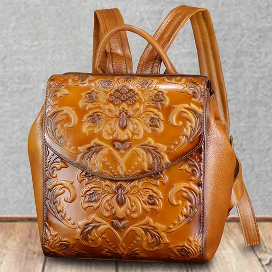 Sac à dos femme en cuir marron gravé – Élégant, vintage et artisanal