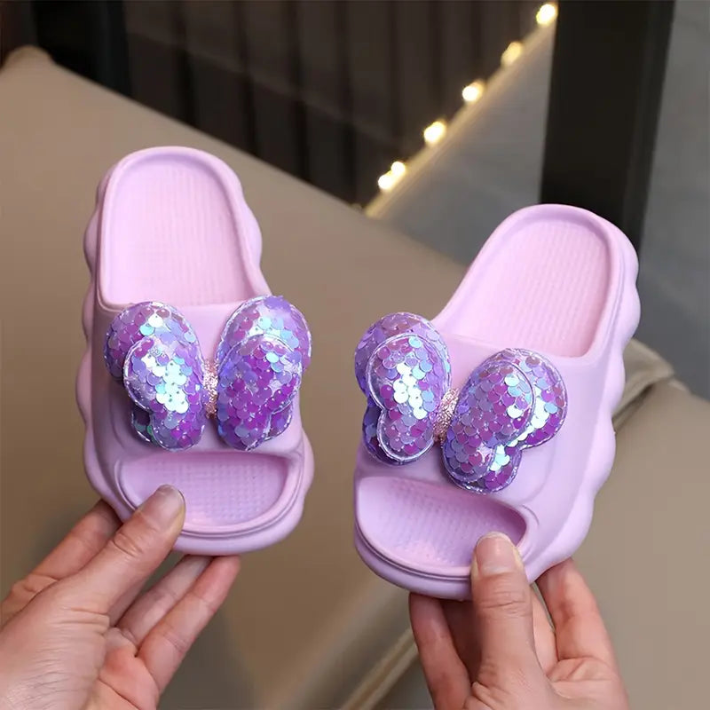 Sandales fille papillon à paillettes – Pantoufles d’été confortables et antidérapantes