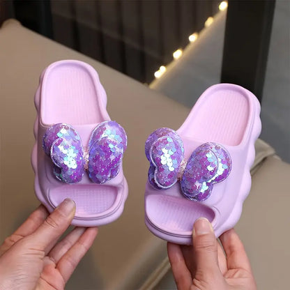 Sandales fille papillon à paillettes – Pantoufles d’été confortables et antidérapantes