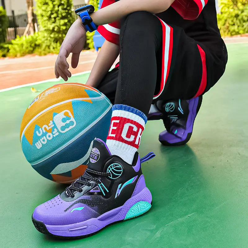 Baskets garçon – Chaussures de basketball montantes jaune et bleu respirantes avec semelle antidérapante