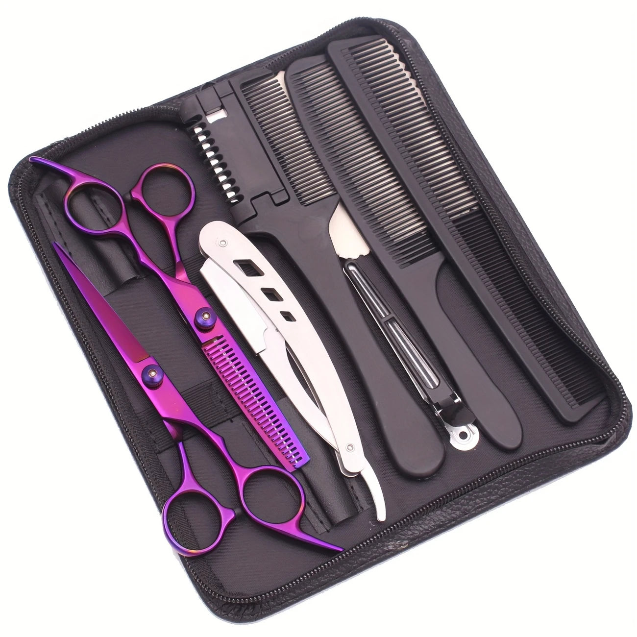 Kit de Coiffure Professionnel 10 Pièces – Ciseaux de Coupe, Rasoir, Peignes et Étui de Rangement