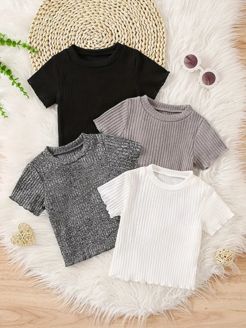 T-shirt Fille Côtelé Manches Courtes – Hauts Enfant Confortables et Tendance en Lot Multicolore