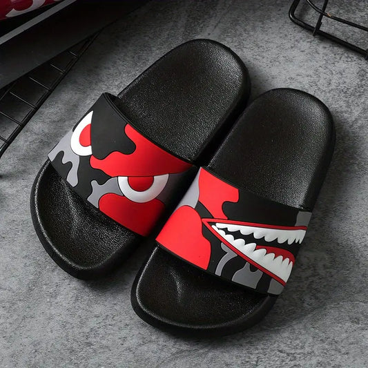 Sandales garçon noires motif requin et camouflage bleu – Pantoufles d’été légères et antidérapantes