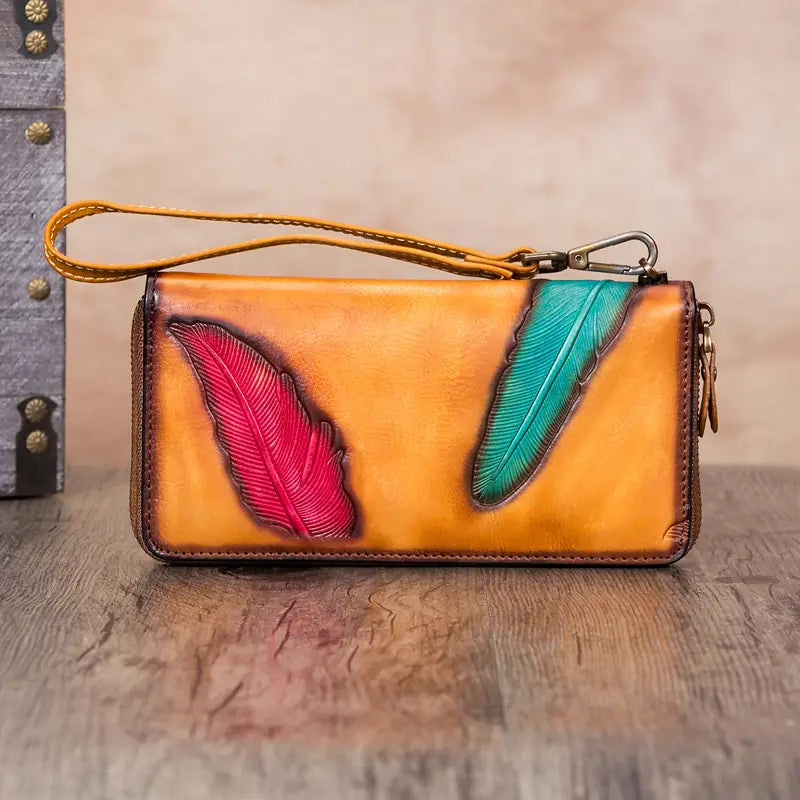 Portefeuille femme cuir vert – Design artistique avec plumes colorées