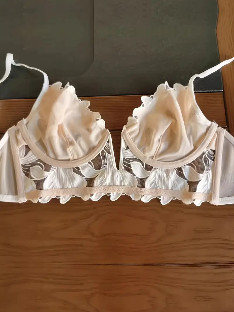 Soutien-Gorge Femme en Dentelle et Tulle Brodé – Lingerie Sexy Élégante avec Nœud Satin