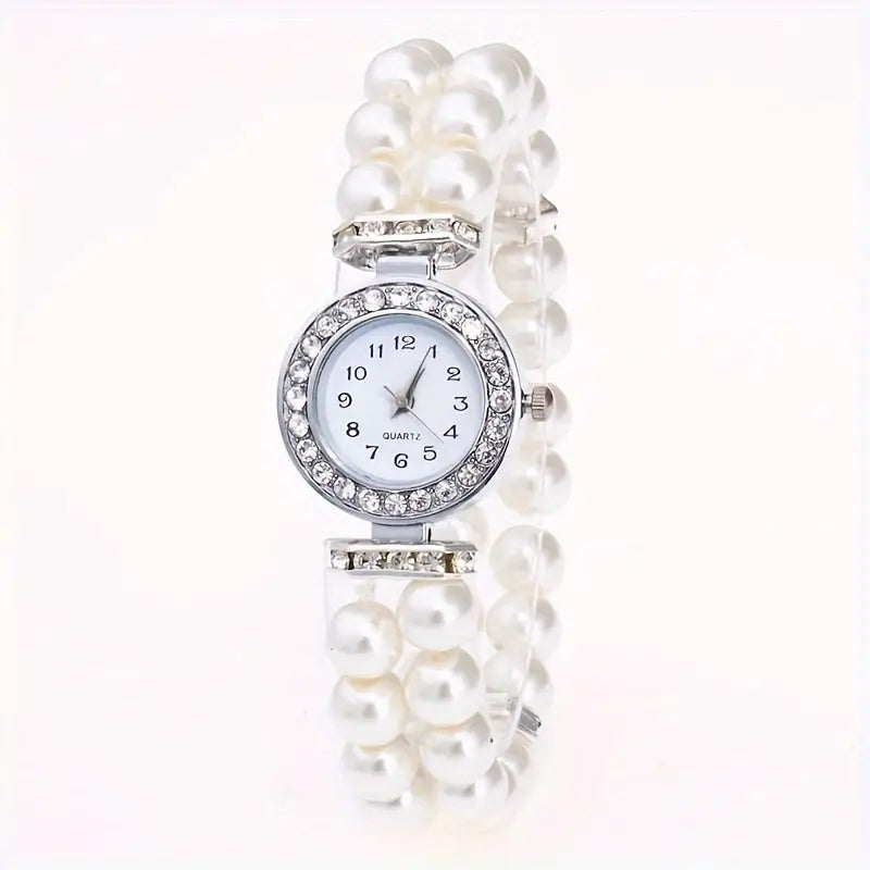 Montre femme élégante à bracelet perles rouges – Quartz avec strass brillants