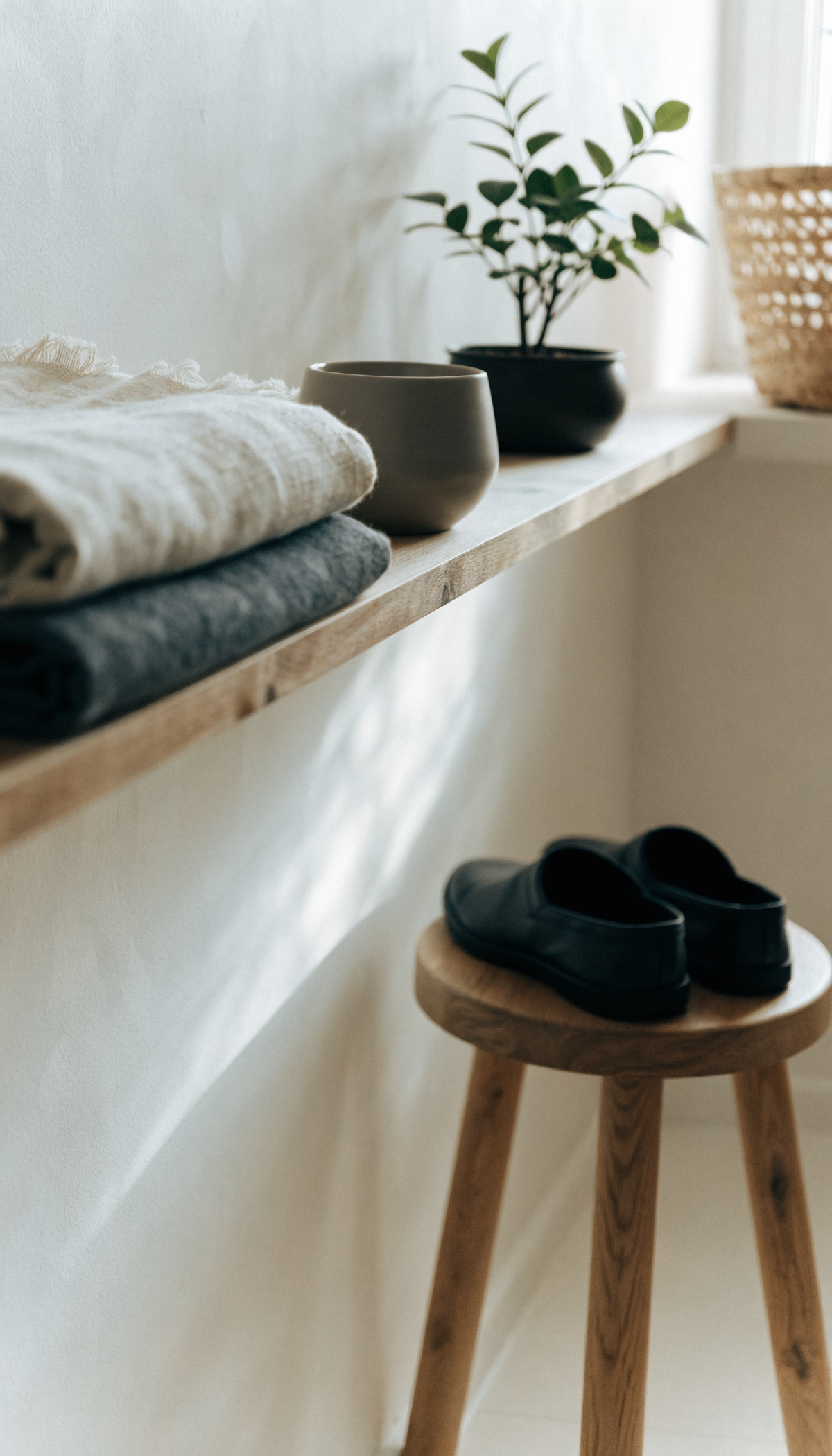 Coin de maison clair avec textiles pliés, tasse et plante