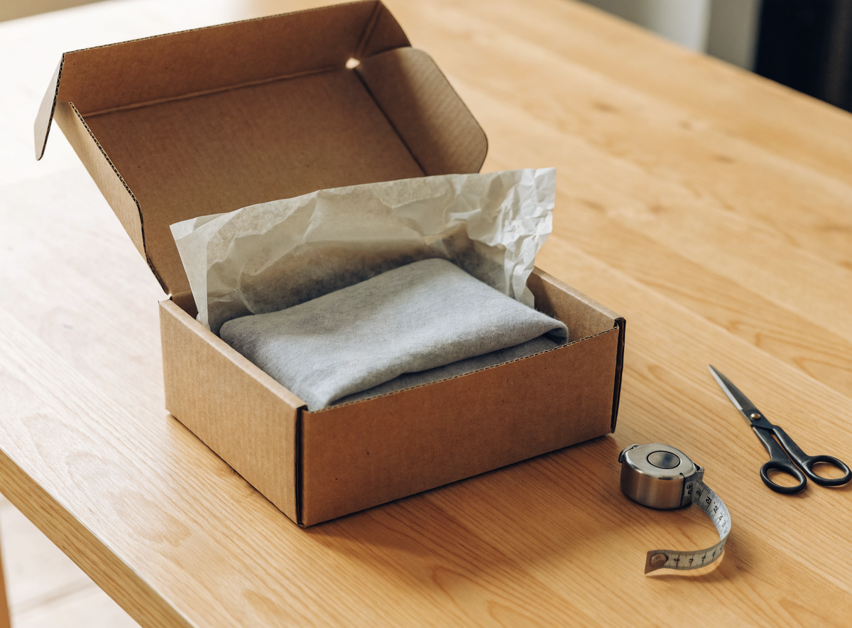 Colis en carton ouvert, textile plié et mètre ruban sur une table
