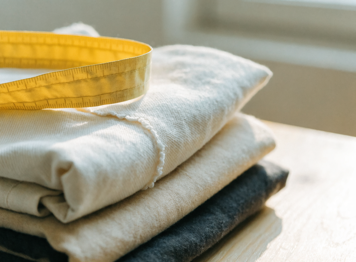 Mètre ruban posé sur une pile de vêtements pliés