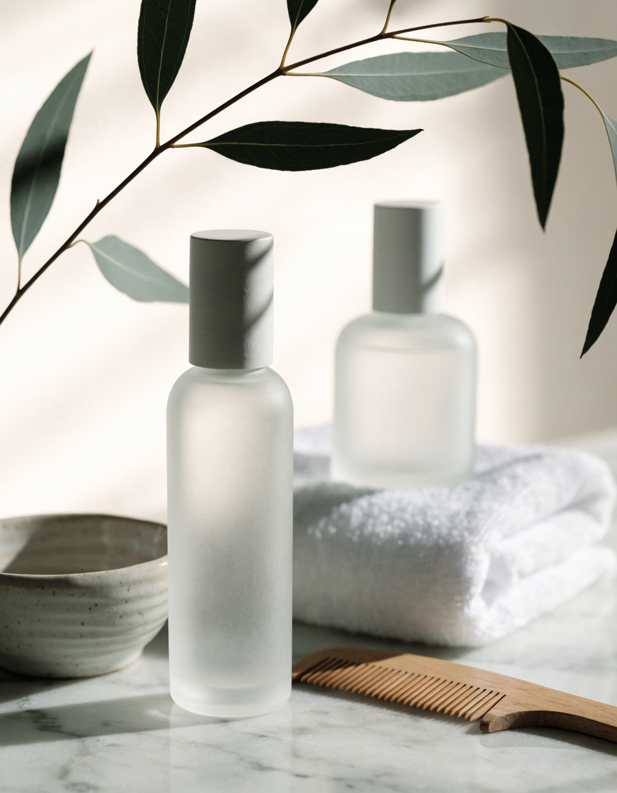 Flacons de soin sans marque, serviette blanche et peigne en bois sur marbre